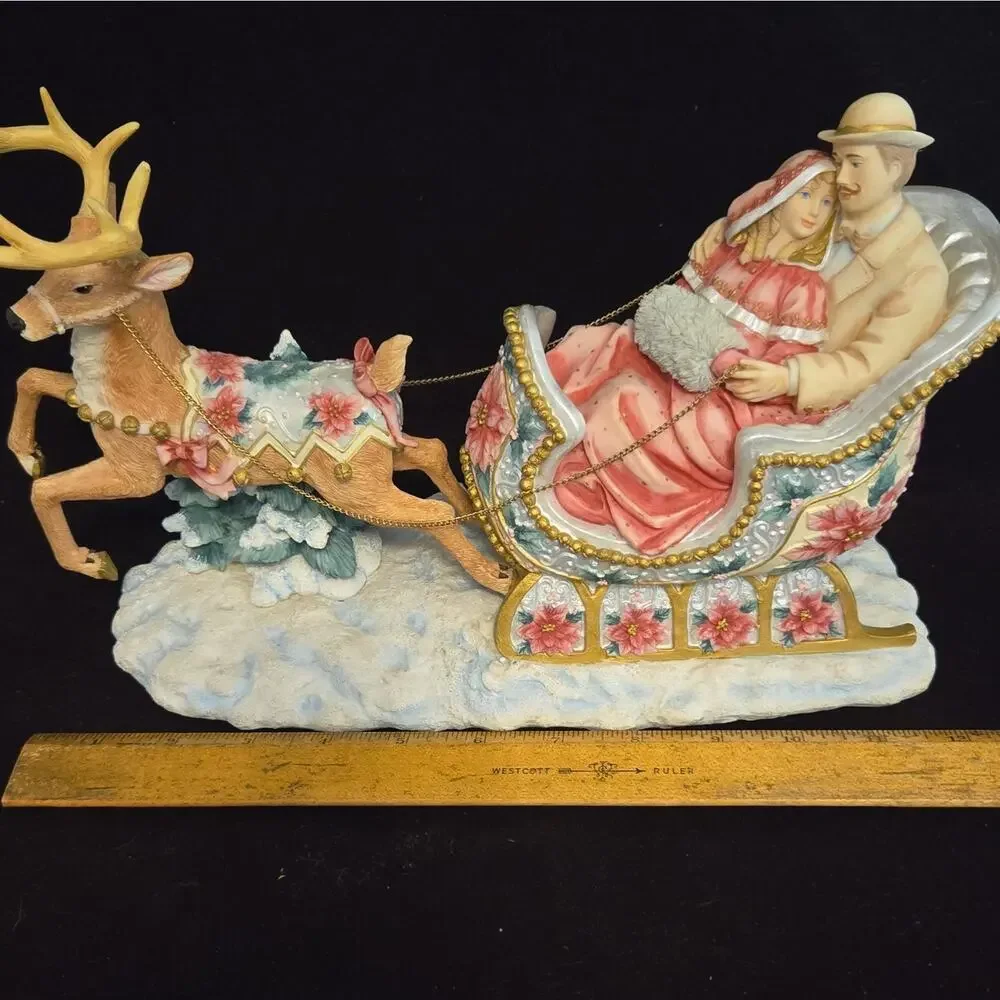 Vintage San Francisco Music Box Co Sleigh Ride Victorian Couple Reindeer Resin
